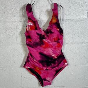 Dkny Women's Ruffle neck One-Piece Swimsuit - Pink Multi medium $80